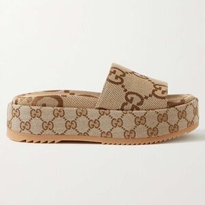 NWOB Gucci Angelina GG Logo Jacquard Coated Canvas Platform Slides Sandals